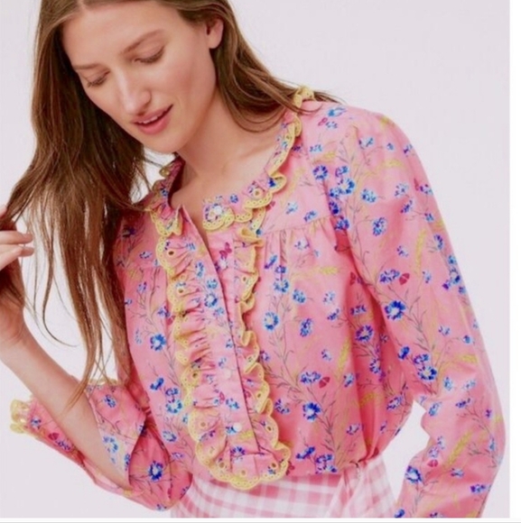 J. Crew Liberty London Fabric Cotton Pink Floral Wheat Blouse Size XXL - Picture 2 of 6